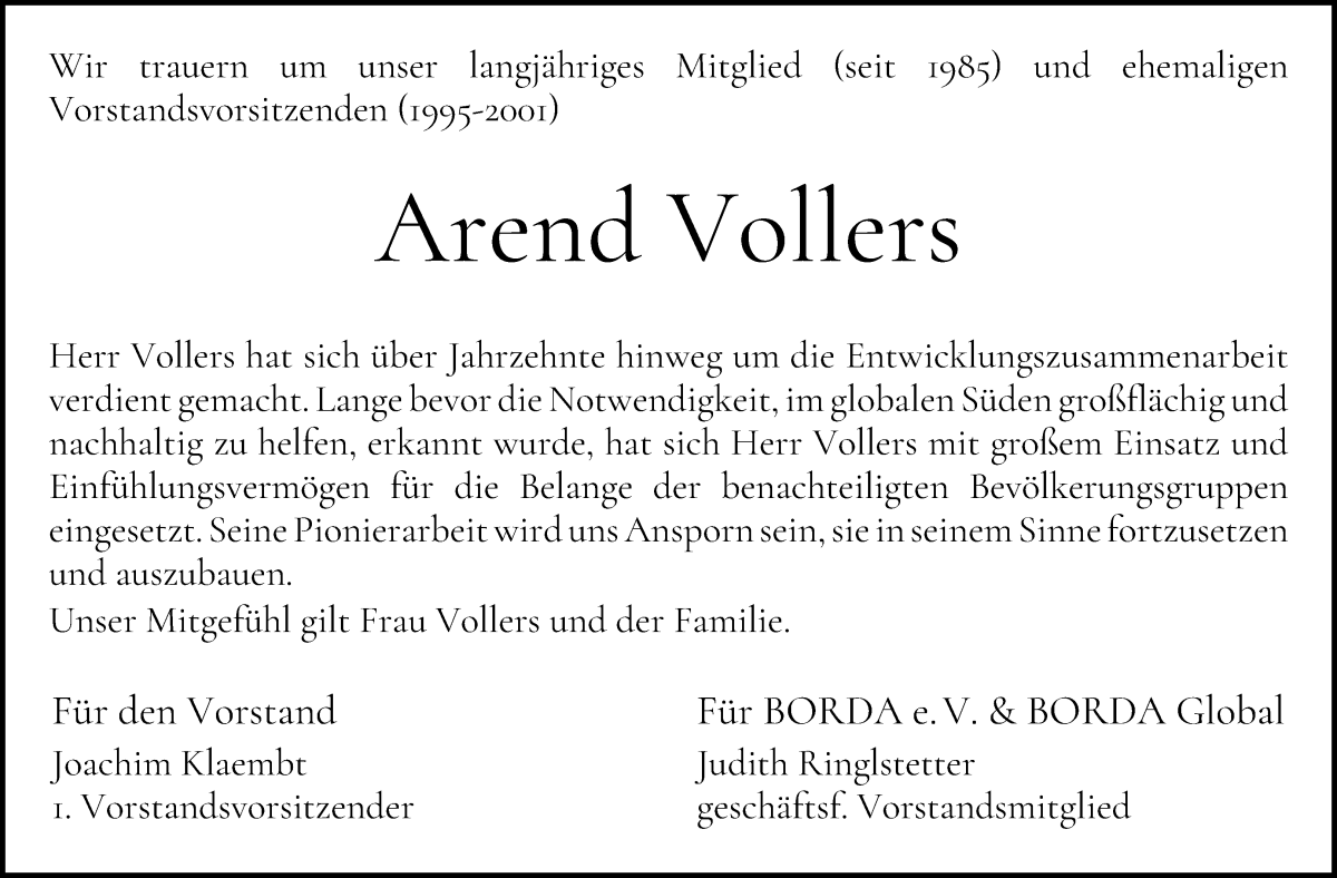 Traueranzeige von Arend Vollers von WESER-KURIER