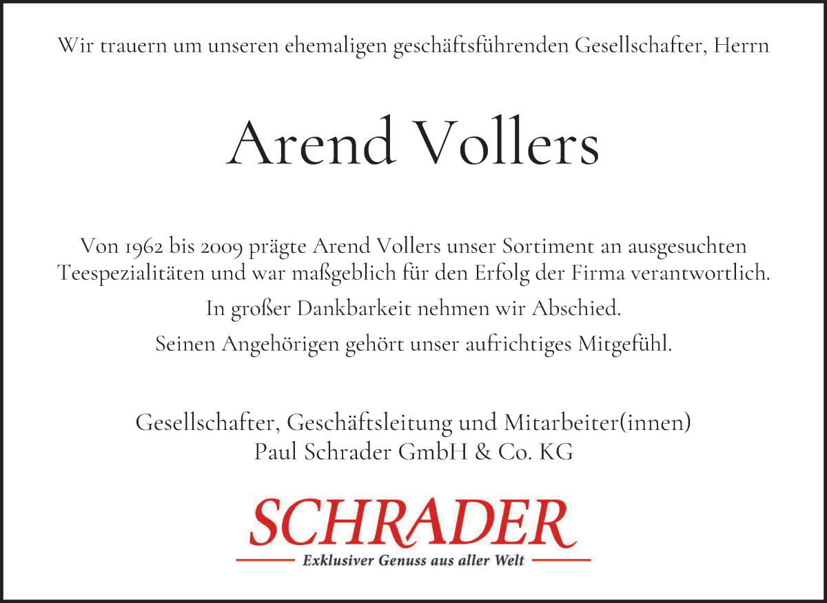 Traueranzeige von Arend Vollers von WESER-KURIER