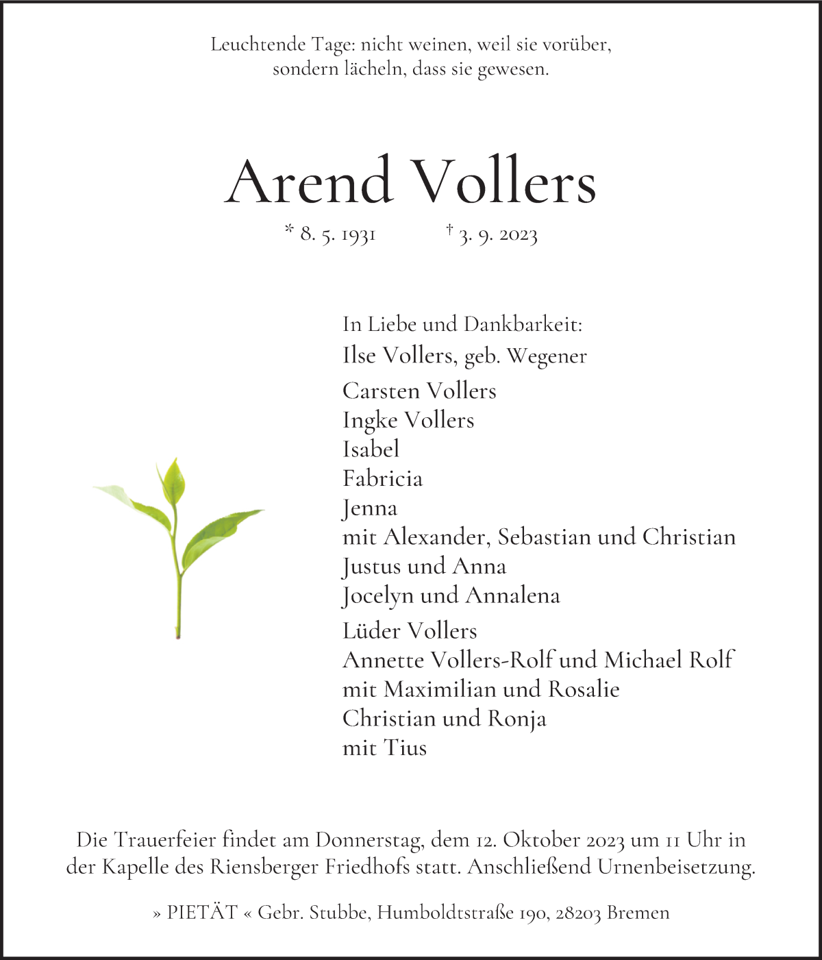 Traueranzeige von Arend Vollers von WESER-KURIER