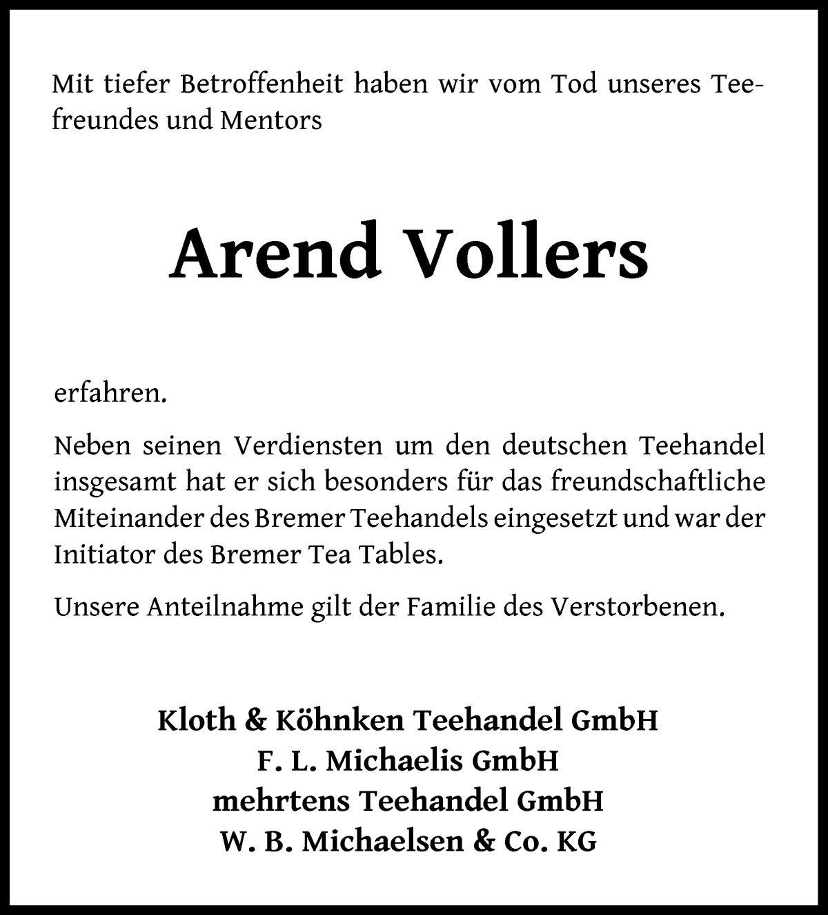 Traueranzeige von Arend Vollers von WESER-KURIER