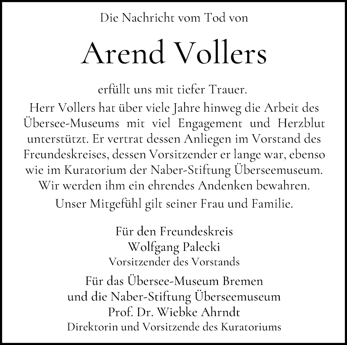 Traueranzeige von Arend Vollers von WESER-KURIER