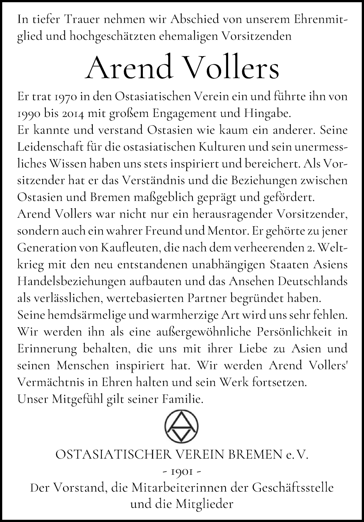 Traueranzeige von Arend Vollers von WESER-KURIER