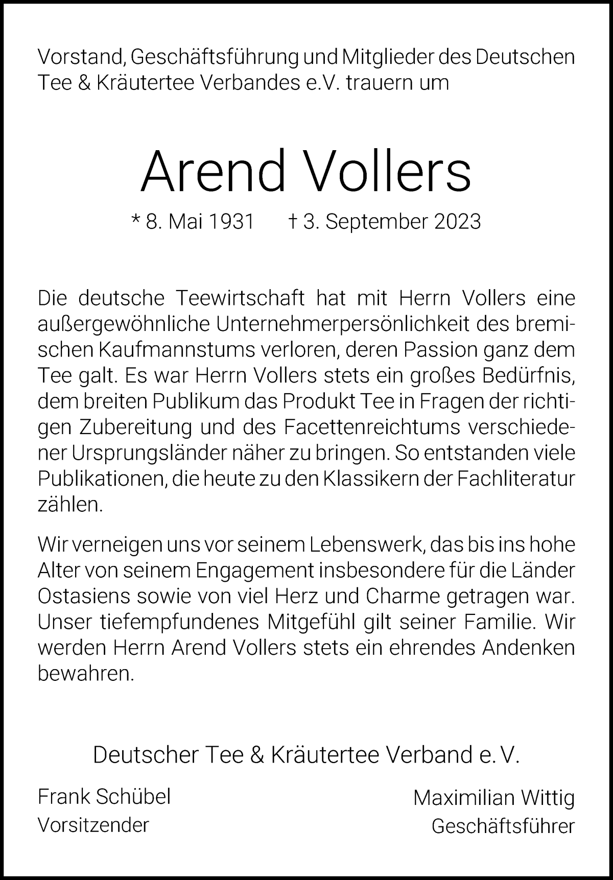Traueranzeige von Arend Vollers von WESER-KURIER