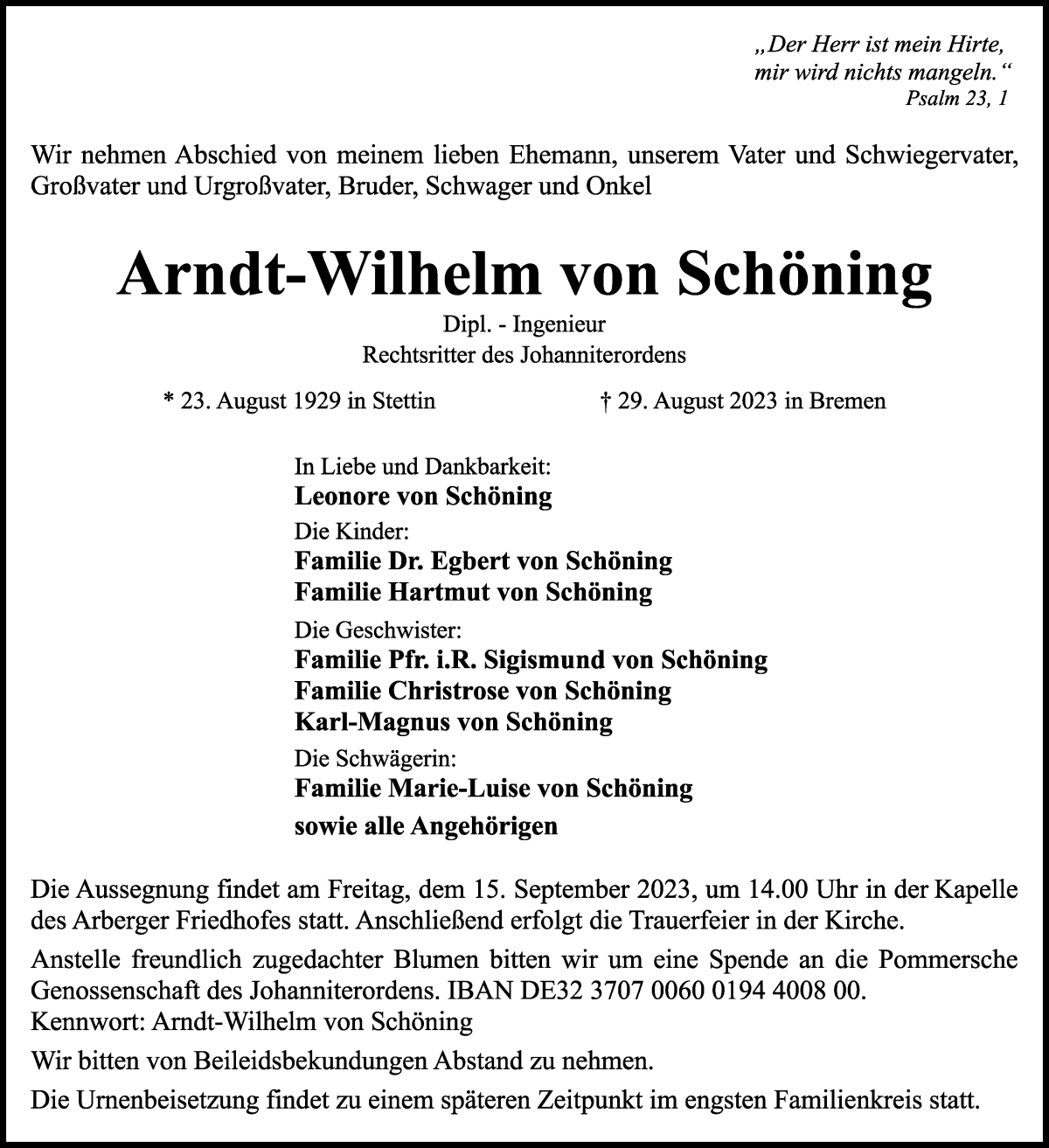 Traueranzeige von Arndt-Wilhelm von Schöning von WESER-KURIER