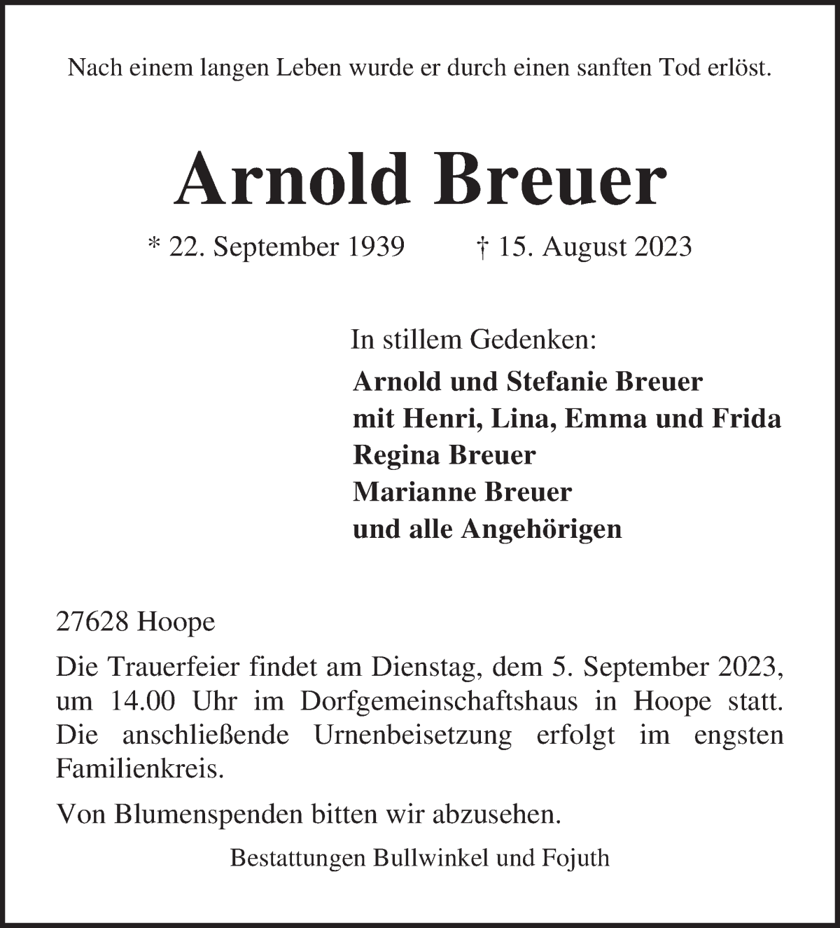 Traueranzeige von Arnold Breuer von Osterholzer Kreisblatt