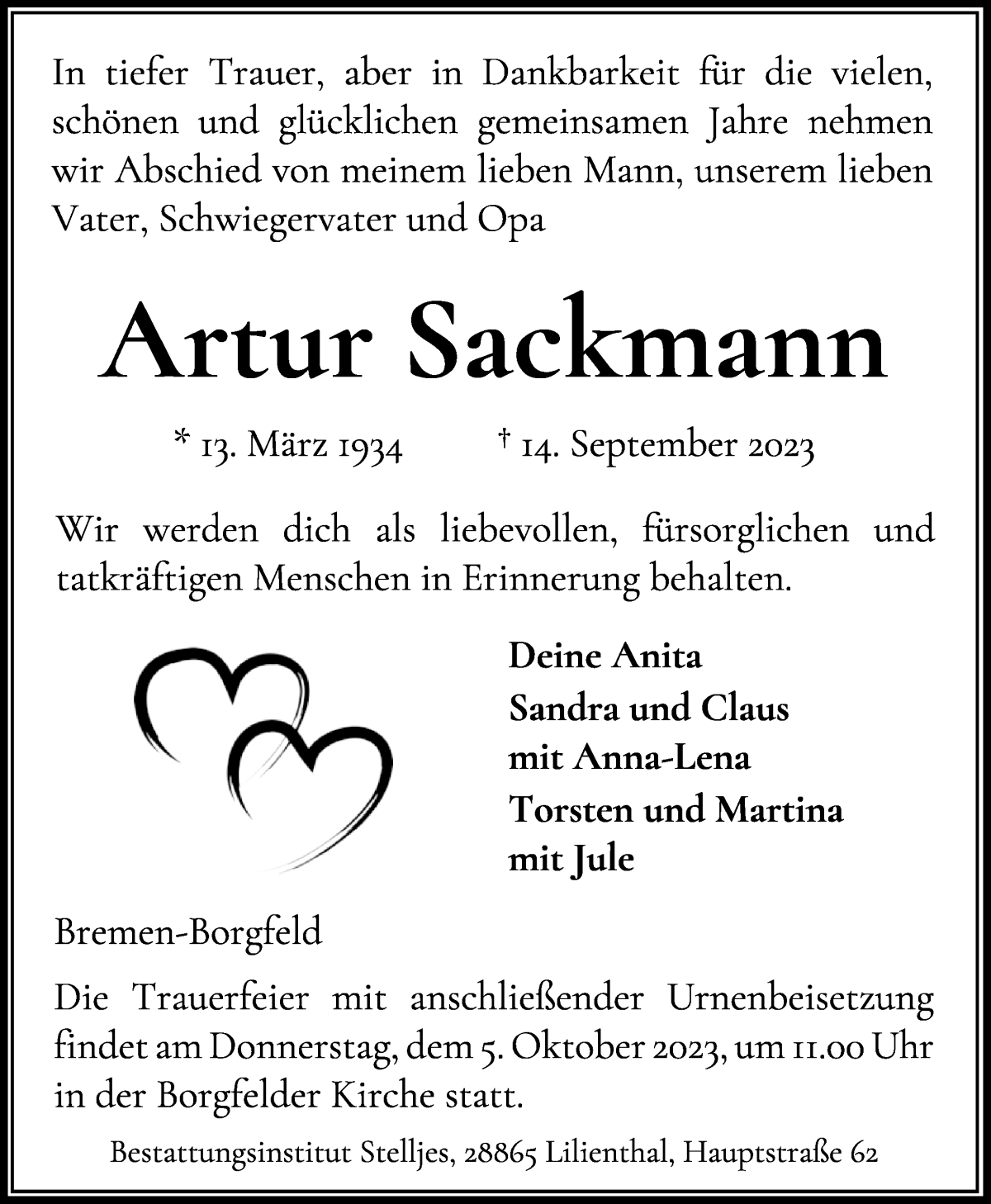 Traueranzeige von Artur Sackmann von Wuemme Zeitung