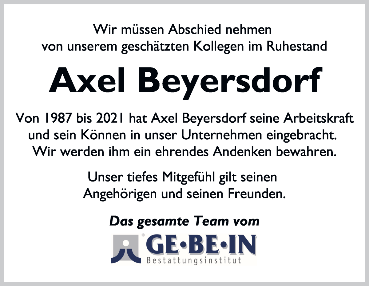 Traueranzeige von Axel Beyersdorf von WESER-KURIER