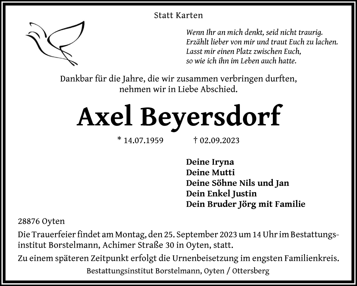 Traueranzeige von Axel Beyersdorf von WESER-KURIER
