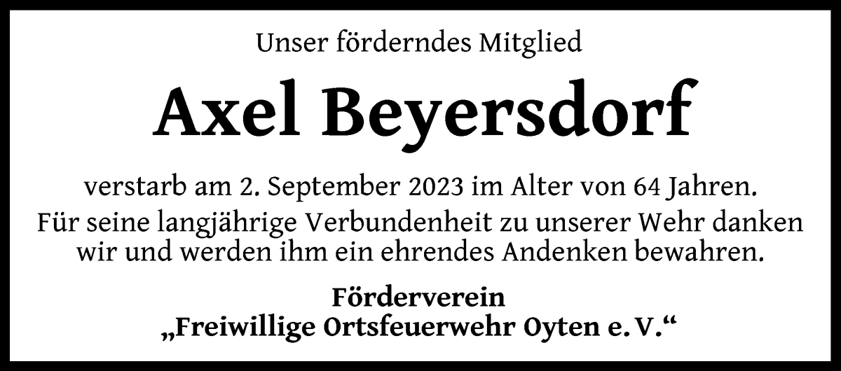 Traueranzeige von Axel Beyersdorf von Achimer Kurier/Verdener Nachrichten