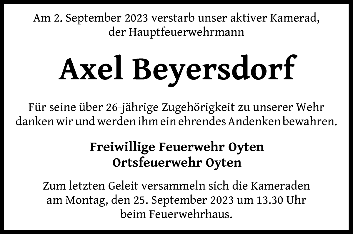 Traueranzeige von Axel Beyersdorf von Achimer Kurier/Verdener Nachrichten