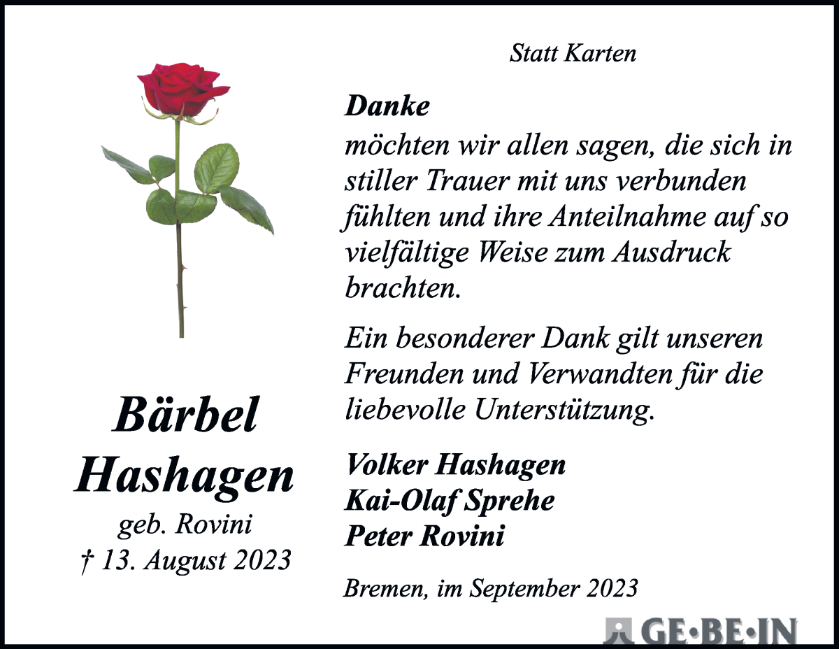 Traueranzeige von Bärbel Hashagen von WESER-KURIER