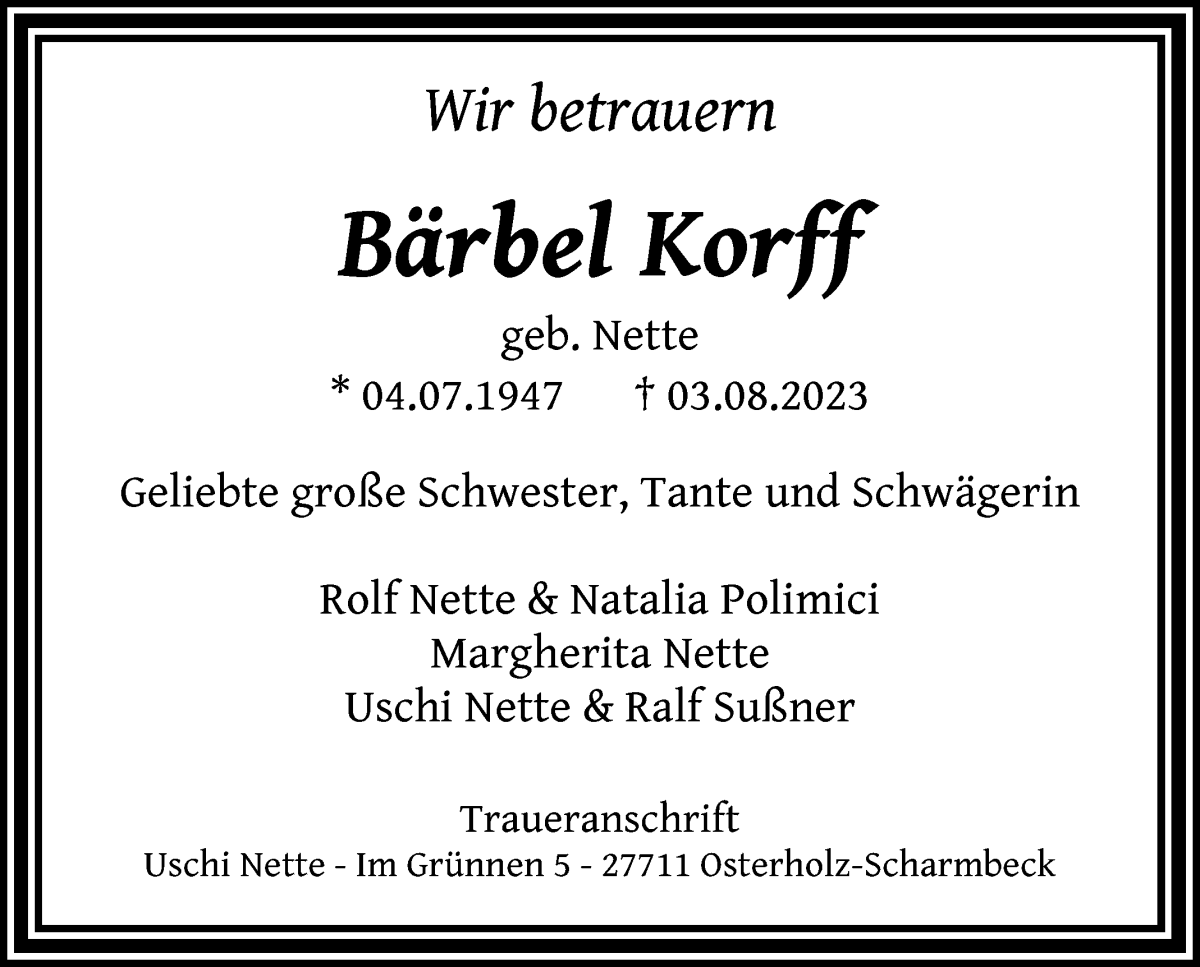 Traueranzeige von Bärbel Korff von WESER-KURIER
