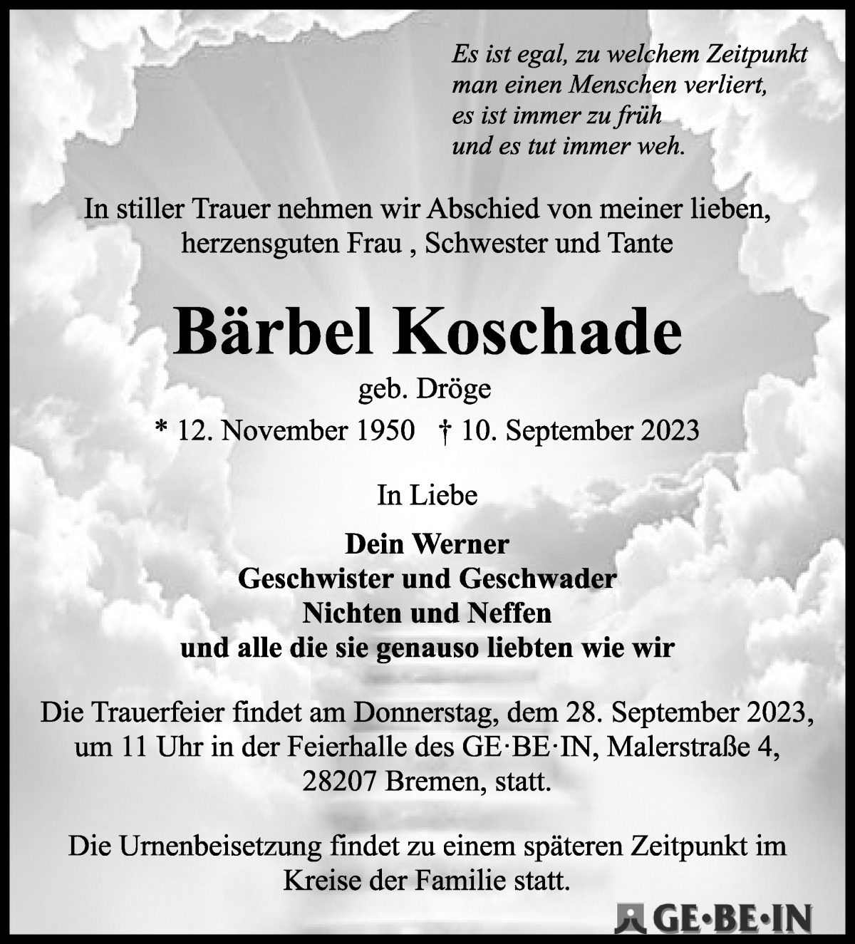 Traueranzeige von Bärbel Koschade von WESER-KURIER