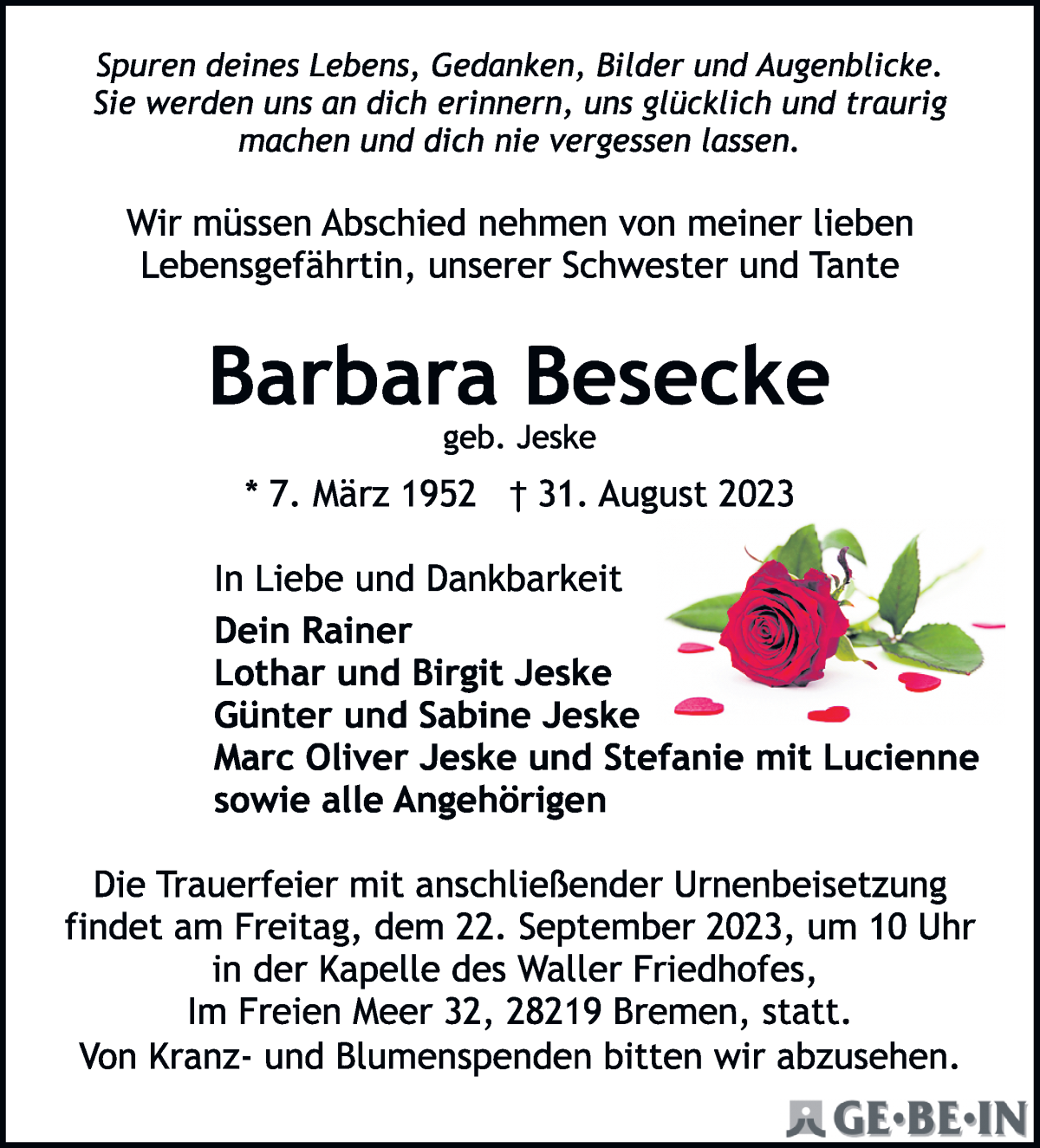 Traueranzeige von Barbara Besecke von WESER-KURIER