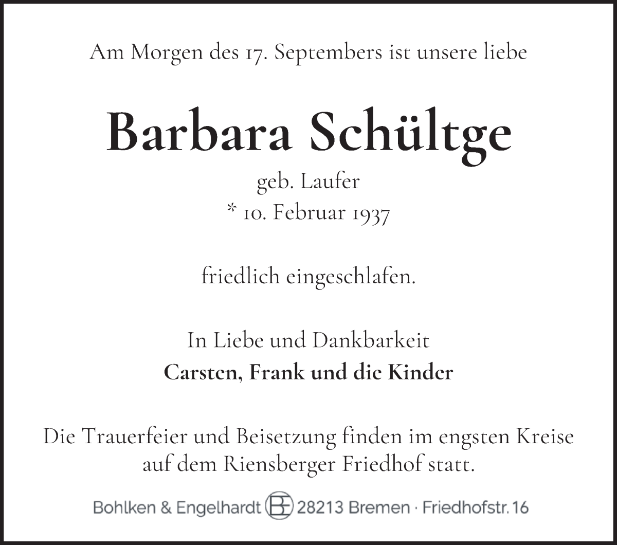 Traueranzeige von Barbara Schültge von WESER-KURIER