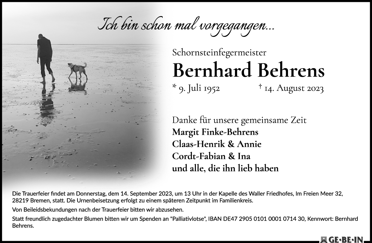 Traueranzeige von Bernhard Behrens von WESER-KURIER