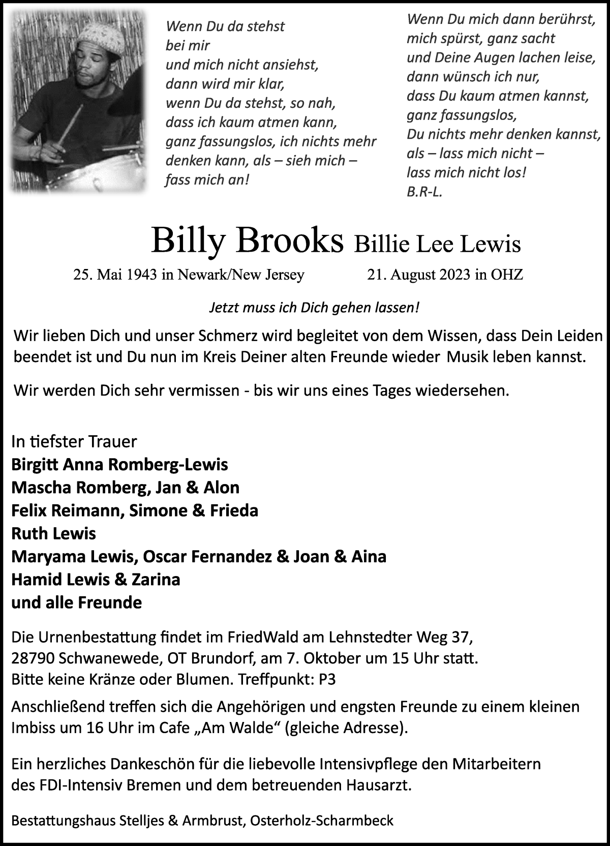 Traueranzeige von Billy Brooks von WESER-KURIER