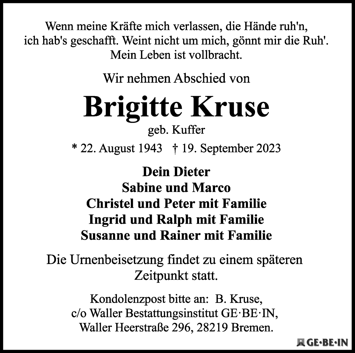 Traueranzeige von Brigitte Kruse von WESER-KURIER