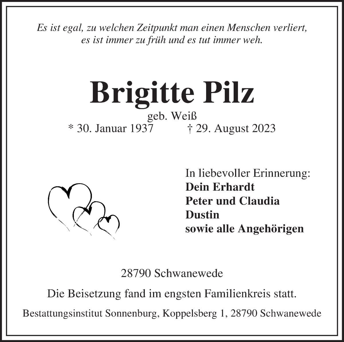 Traueranzeige von Brigitte Pilz von Die Norddeutsche