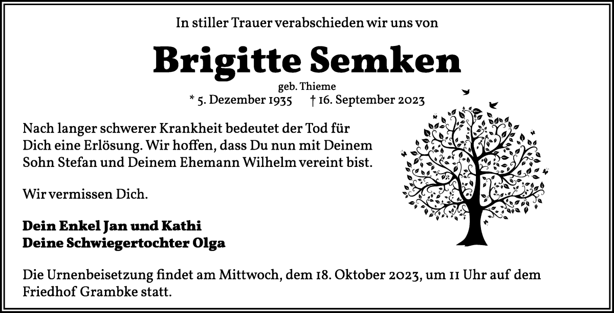 Traueranzeige von Brigitte Semken von WESER-KURIER