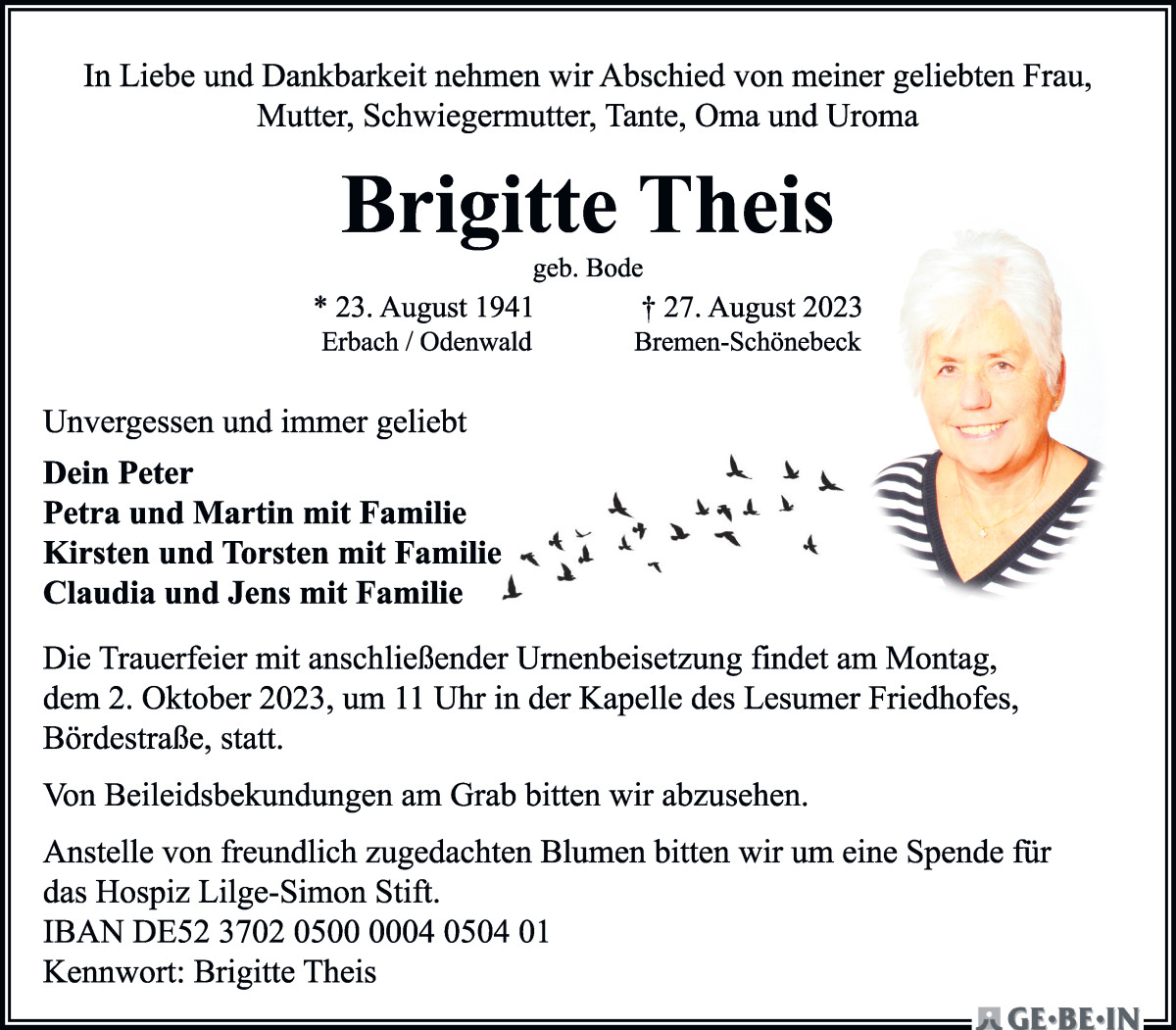 Traueranzeige von Brigitte Theis von WESER-KURIER