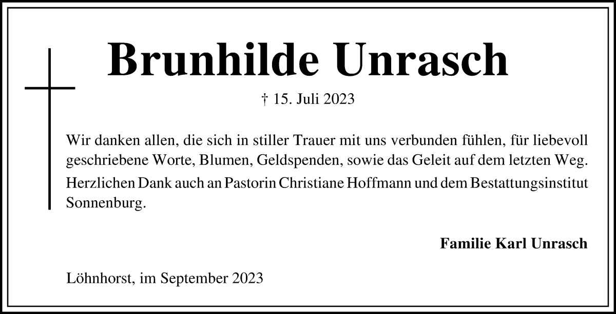 Traueranzeige von Brunhilde Unrasch von Die Norddeutsche