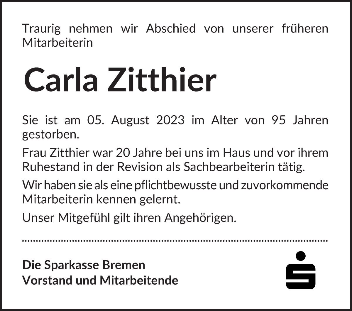 Traueranzeige von Carla Zitthier von WESER-KURIER