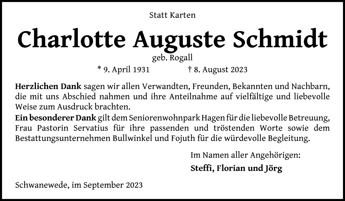 Traueranzeige von Charlotte Auguste Schmidt von Die Norddeutsche