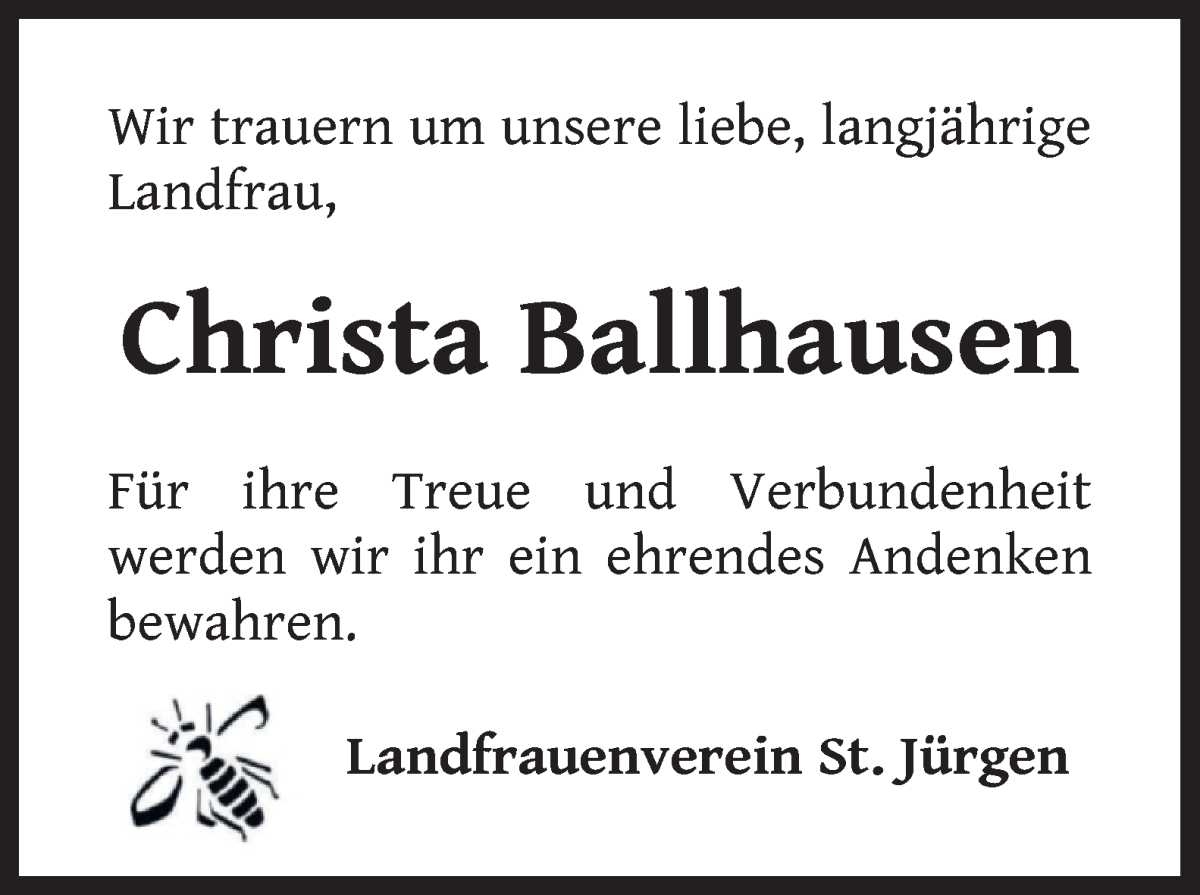 Traueranzeige von Christa Ballhausen von Wuemme Zeitung
