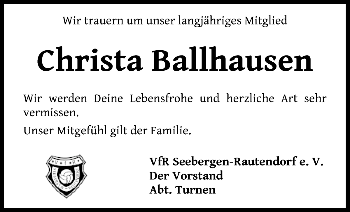Traueranzeige von Christa Ballhausen von Wuemme Zeitung