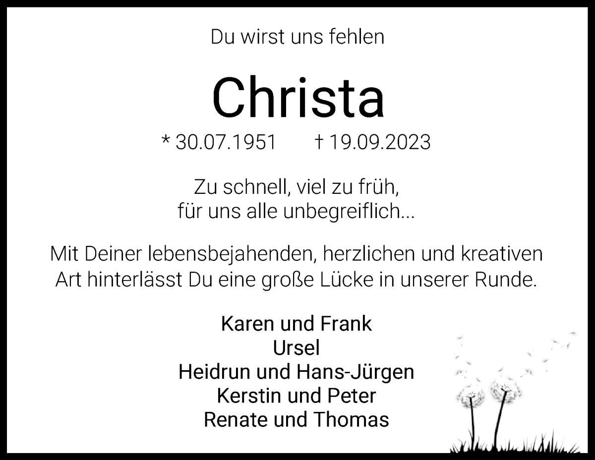 Traueranzeige von Christa Ballhausen von Wuemme Zeitung