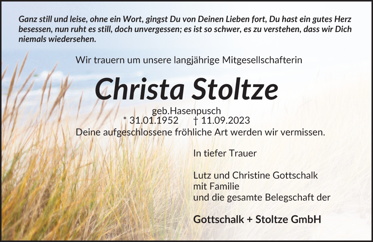 Traueranzeige von Christa Stoltze von WESER-KURIER