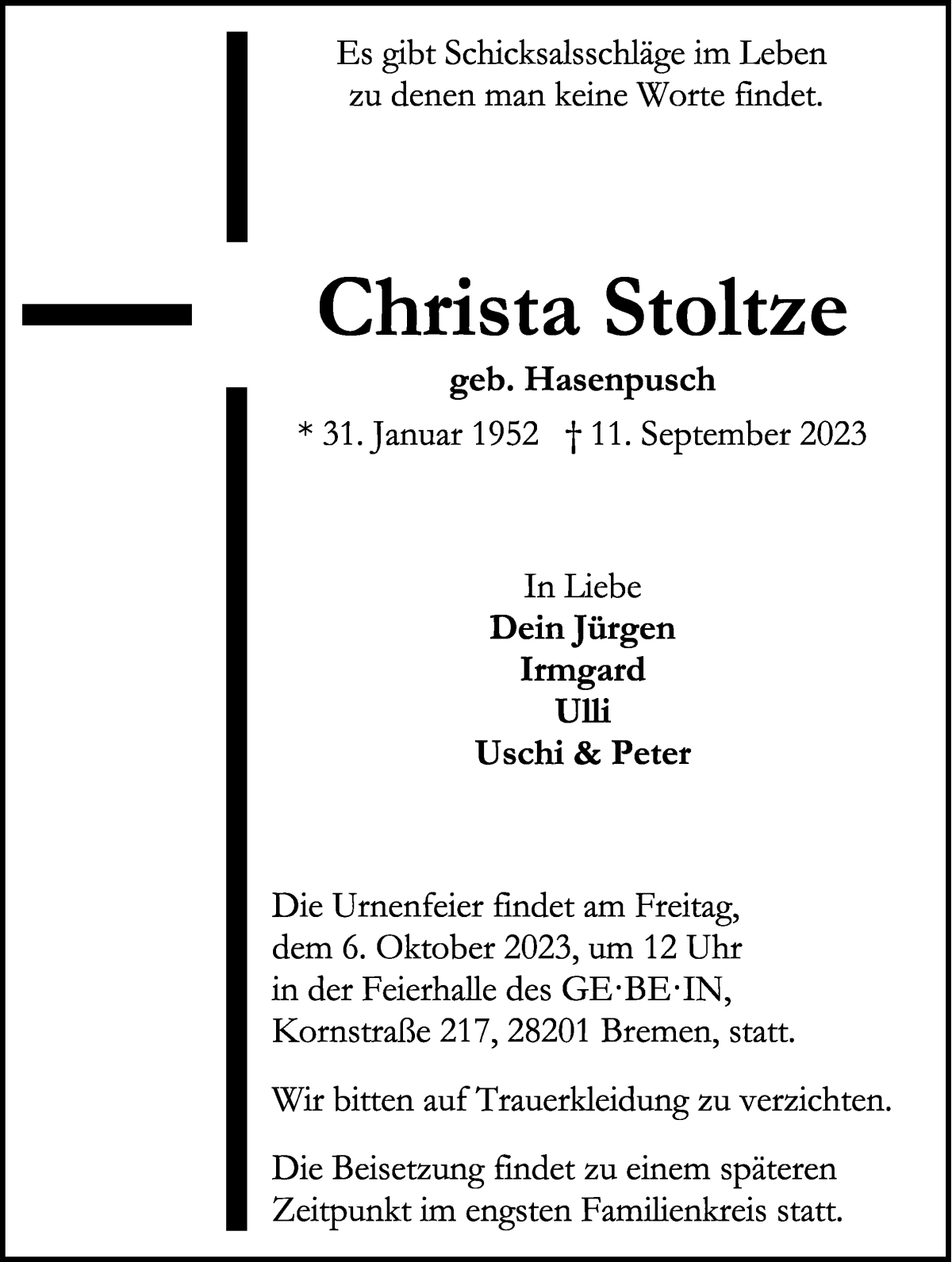 Traueranzeige von Christa Stoltze von WESER-KURIER