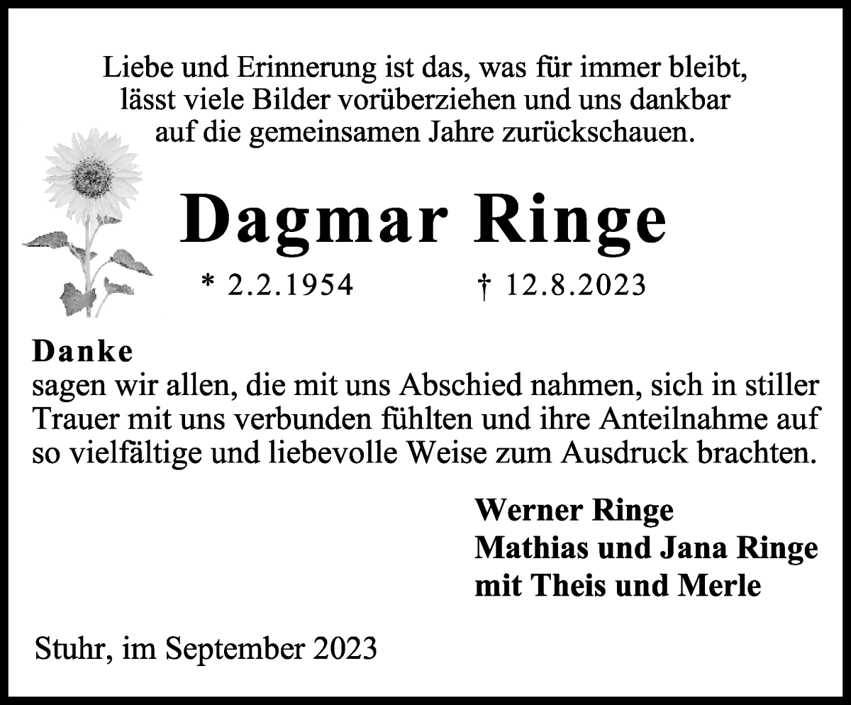 Traueranzeige von Dagmar Ringe von WESER-KURIER