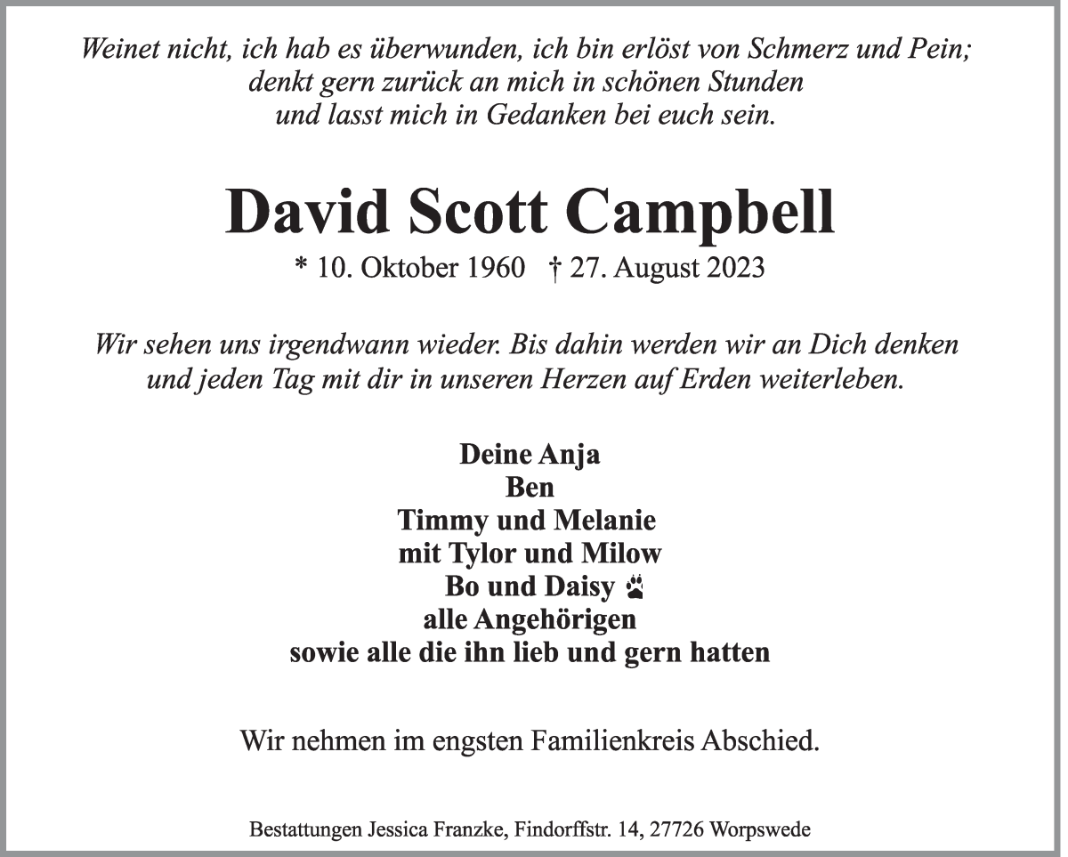 Traueranzeige von David Scott Campbell von Osterholzer Kreisblatt