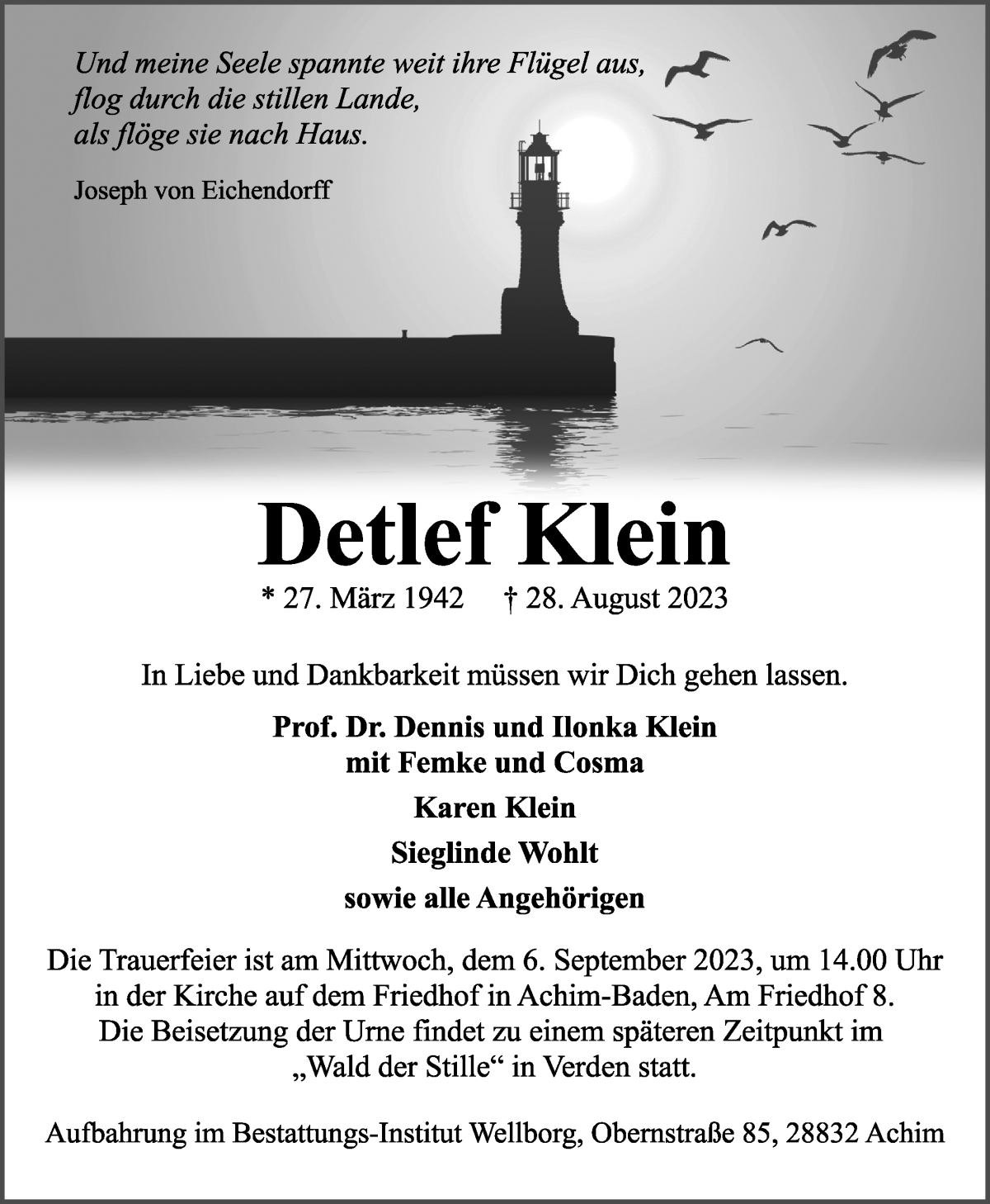 Traueranzeige von Detlef Klein von Achimer Kurier/Verdener Nachrichten