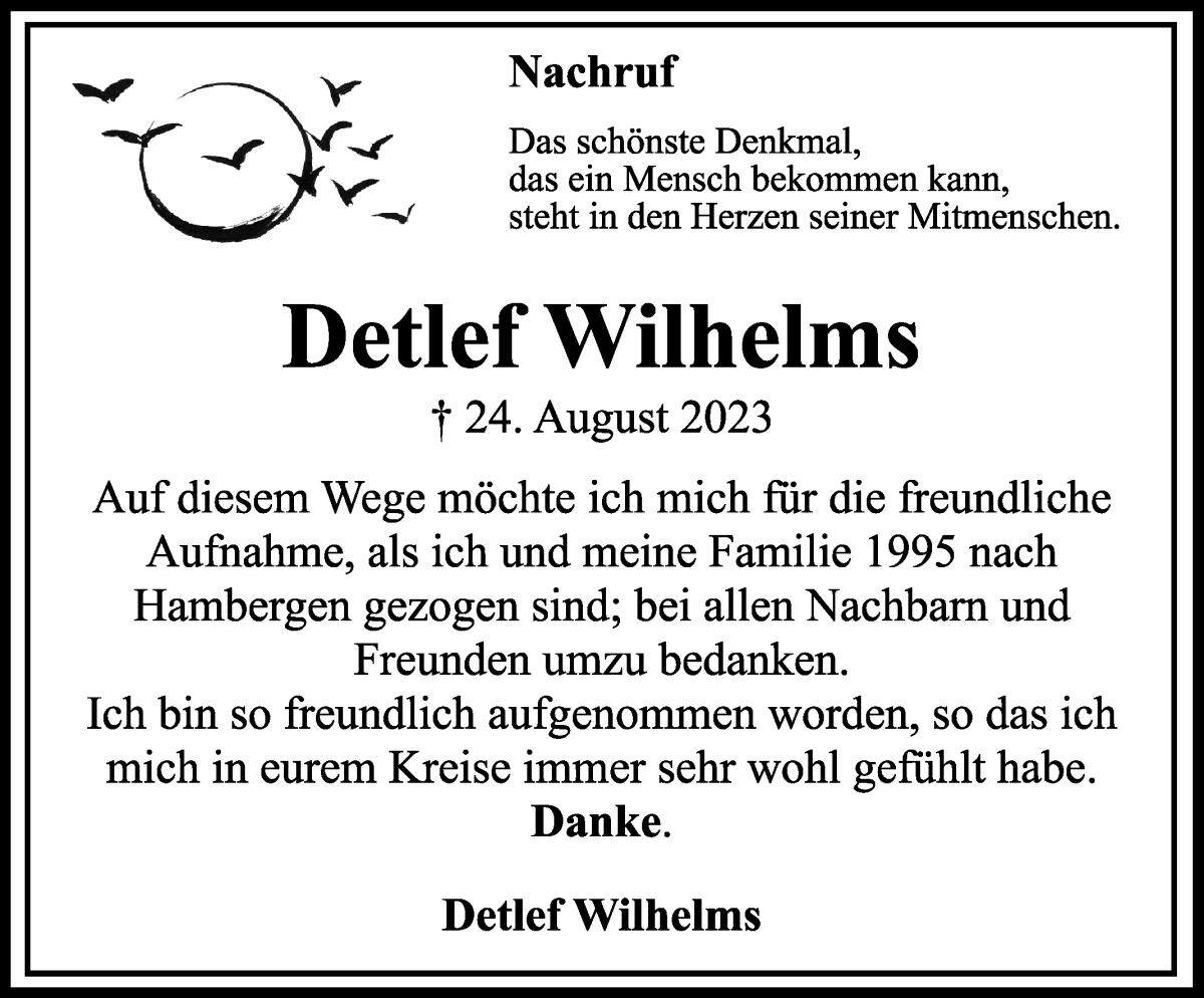 Traueranzeige von Detlef Wilhelms von Osterholzer Kreisblatt