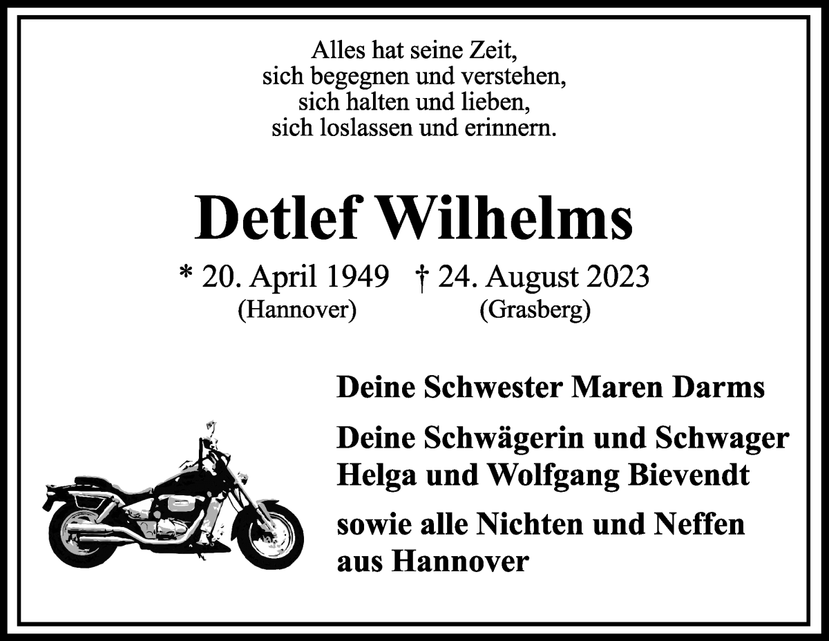 Traueranzeige von Detlef Wilhelms von Osterholzer Kreisblatt