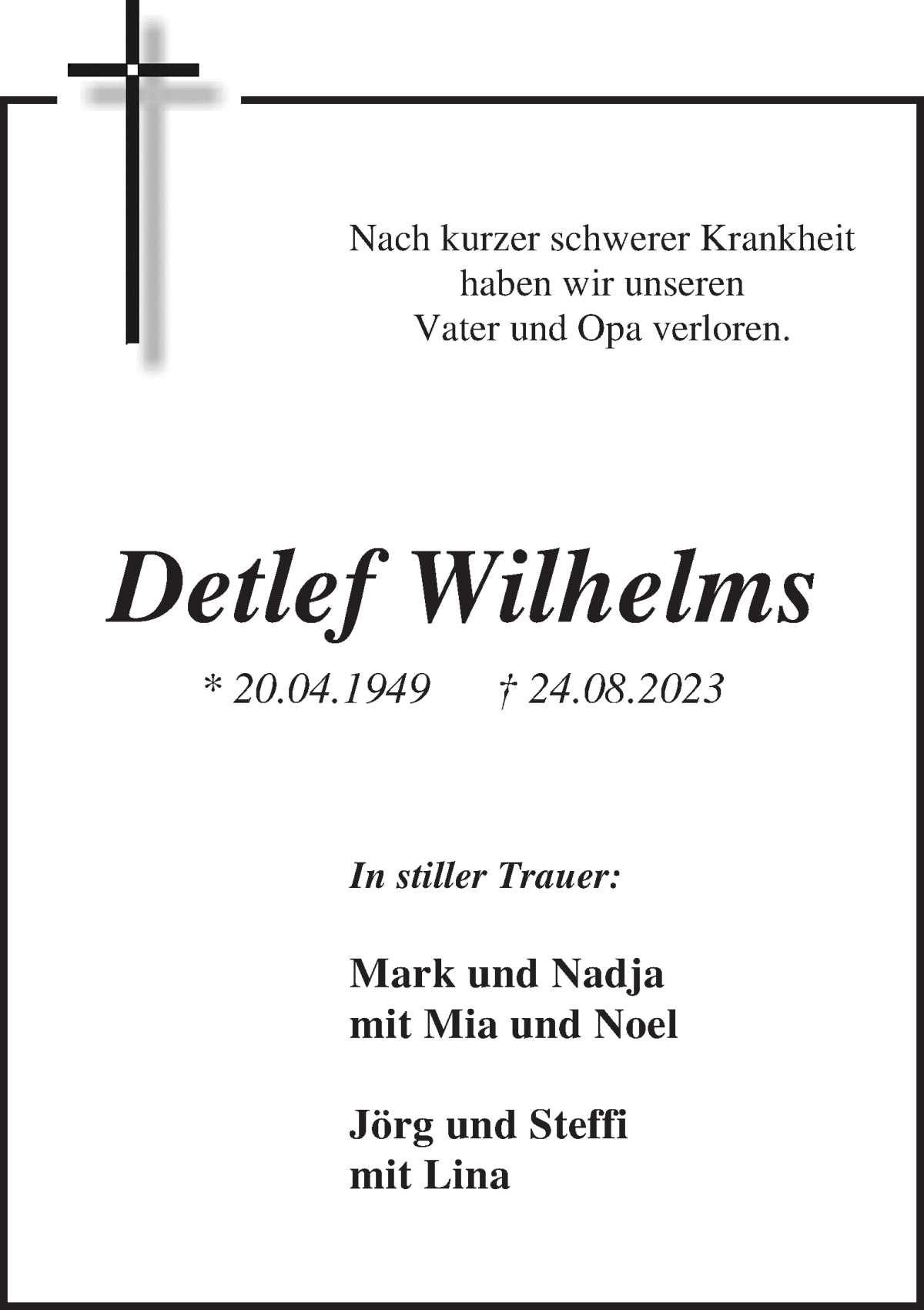 Traueranzeige von Detlef Wilhelms von Osterholzer Kreisblatt
