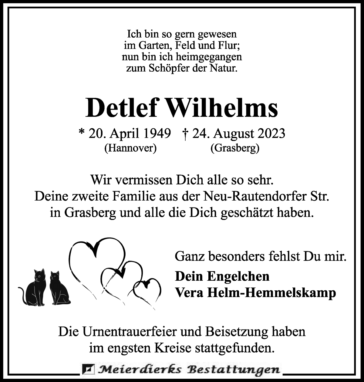Traueranzeige von Detlef Wilhelms von Osterholzer Kreisblatt