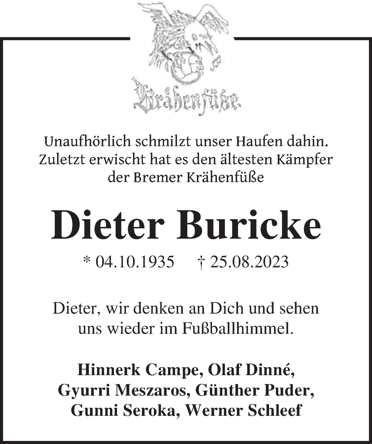Traueranzeige von Dieter Buricke von WESER-KURIER