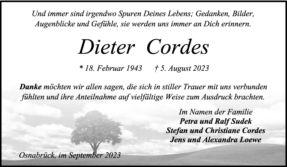 Traueranzeige von Dieter Cordes von Osterholzer Kreisblatt