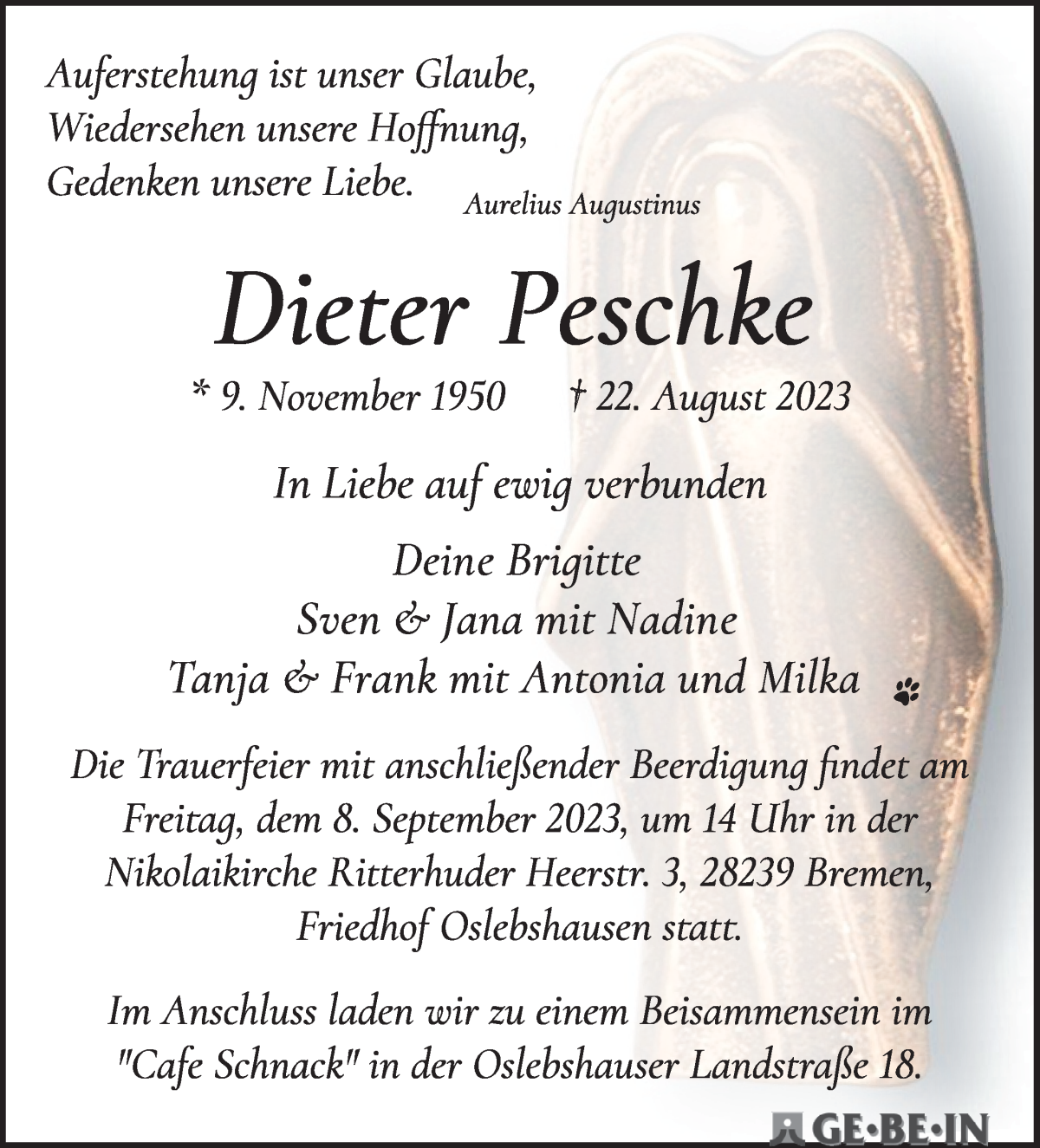 Traueranzeige von Dieter Peschke von WESER-KURIER