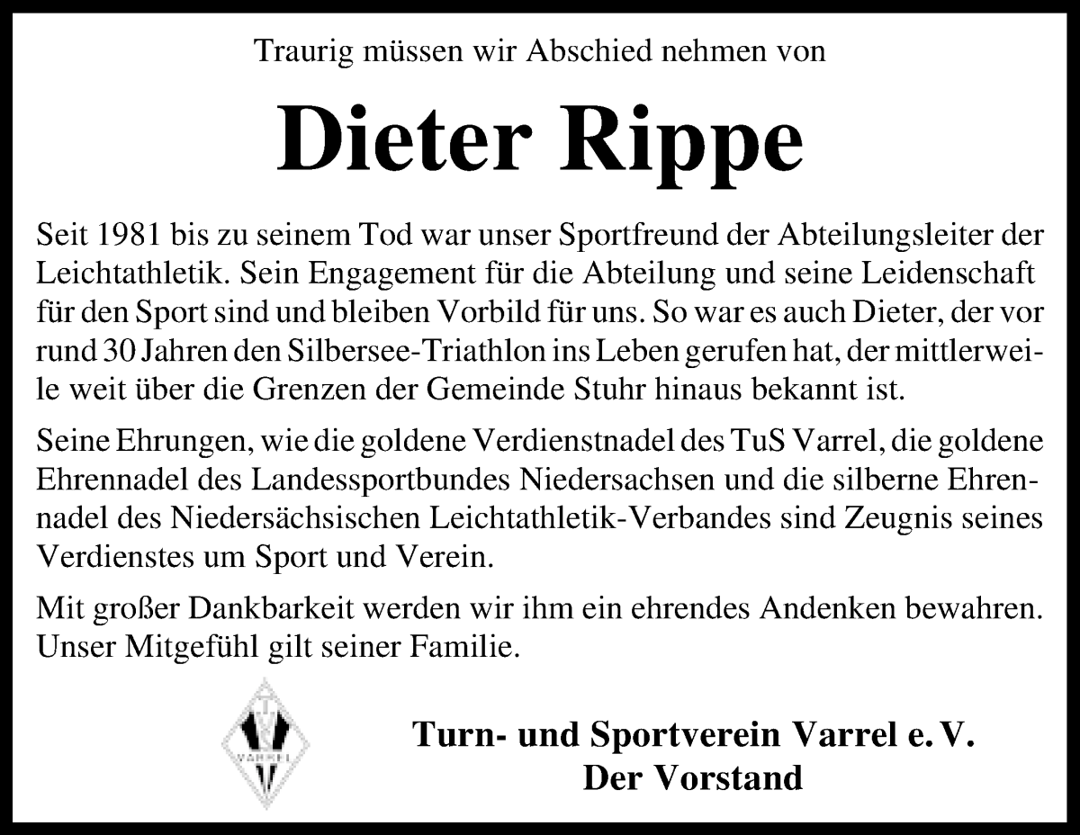 Traueranzeige von Dieter Rippe von Regionale Rundschau/Syker Kurier