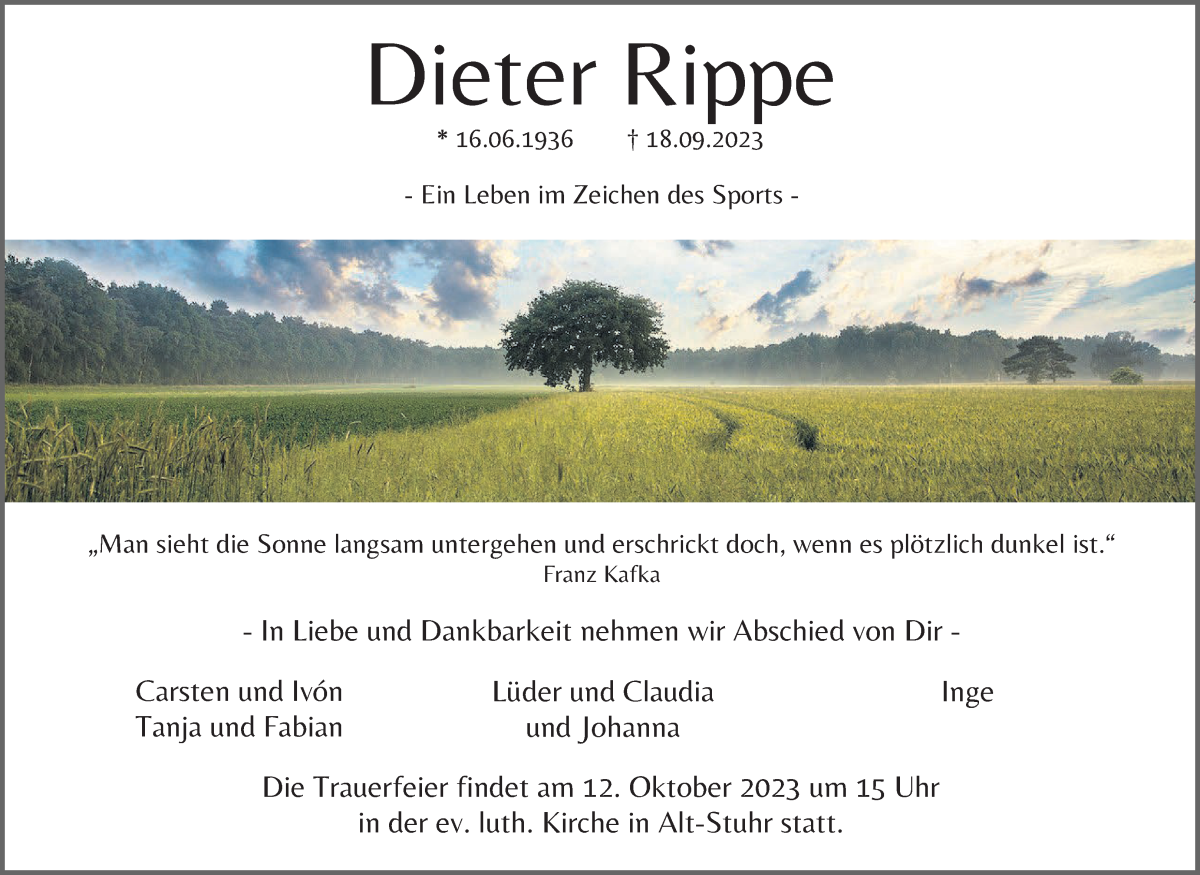 Traueranzeige von Dieter Rippe von Regionale Rundschau/Syker Kurier