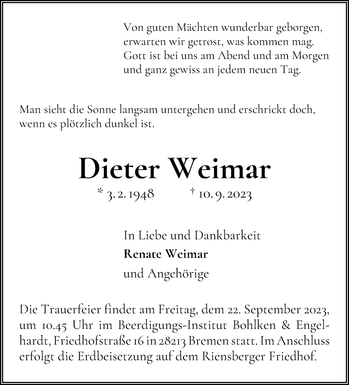 Traueranzeige von Dieter Weimar von WESER-KURIER