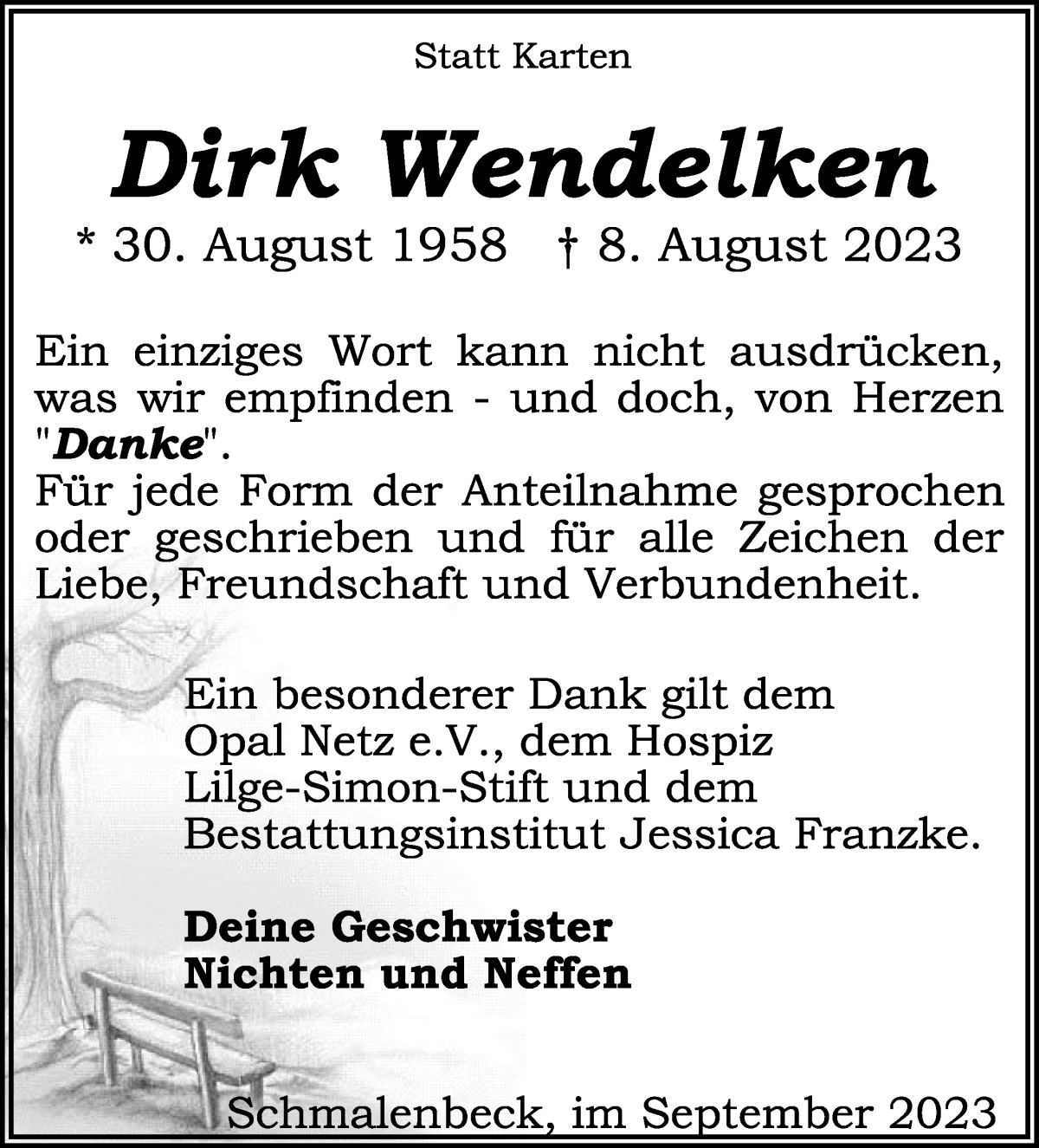 Traueranzeige von Dirk Wendelken von Wuemme Zeitung