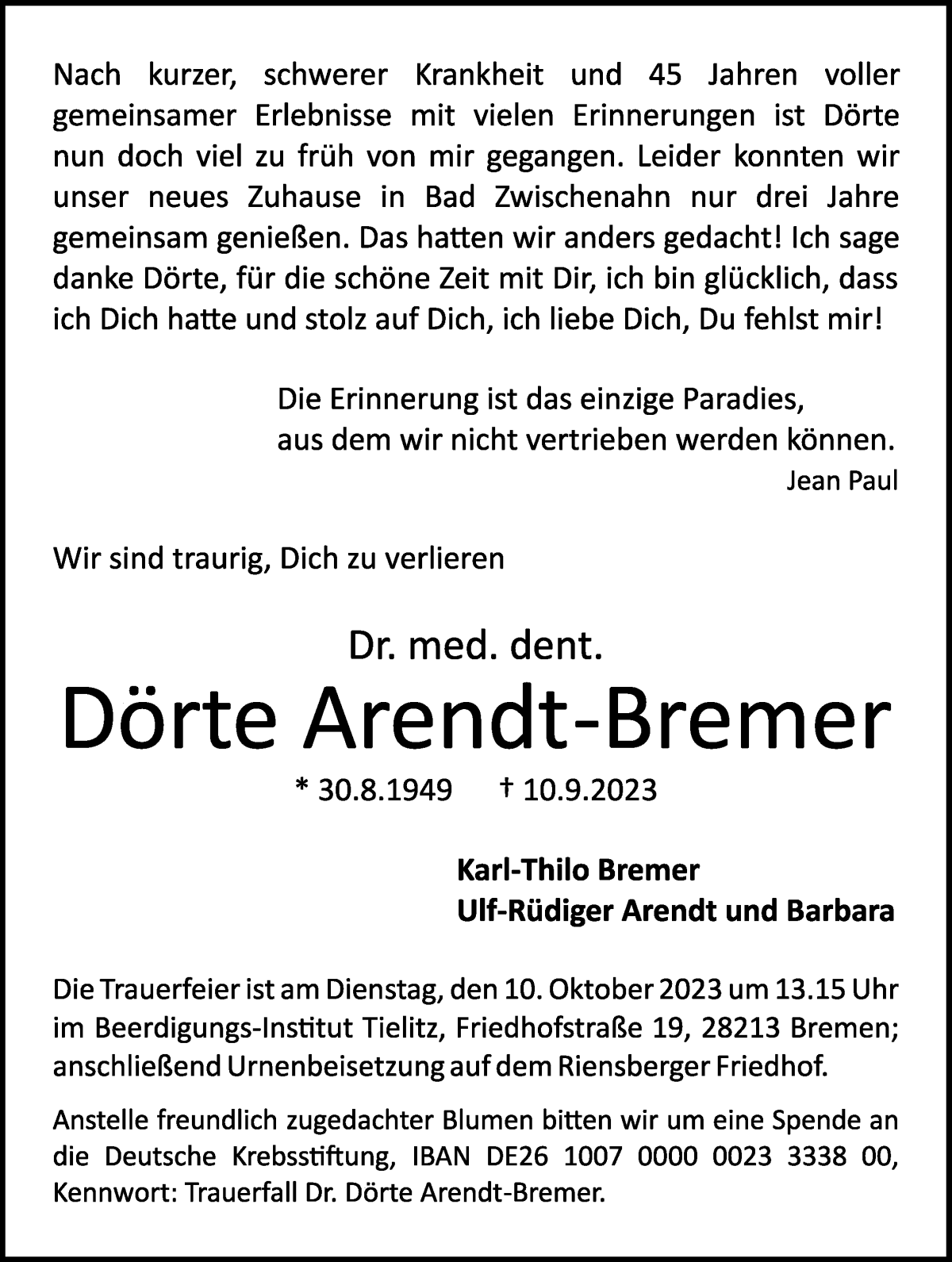 Traueranzeige von Dörte Arendt-Bremer von WESER-KURIER