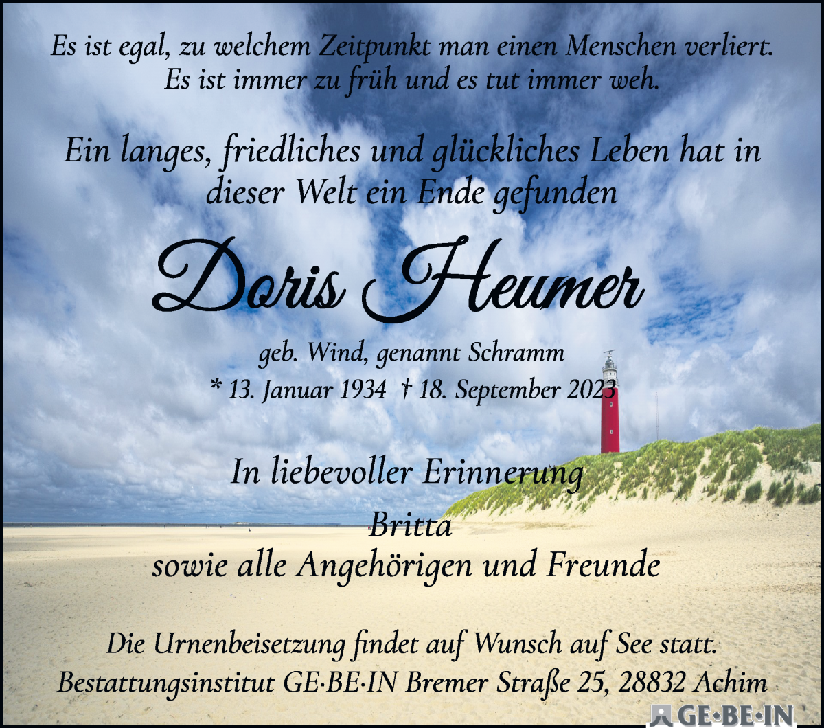 Traueranzeige von Doris Heumer von WESER-KURIER
