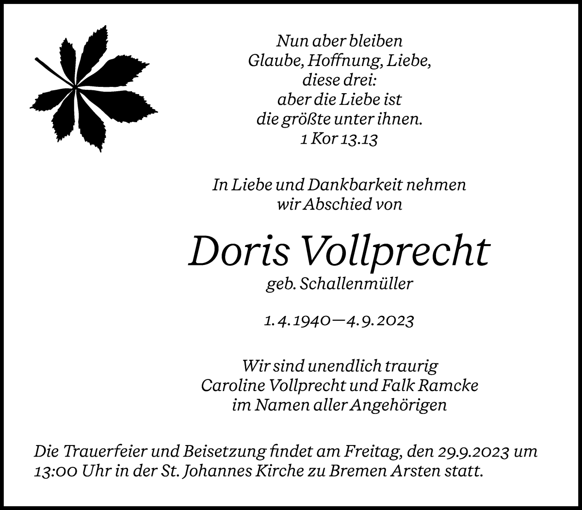 Traueranzeige von Doris Vollprecht von WESER-KURIER